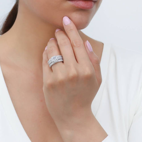 Model Wearing Half Eternity Ring, Halo Ring