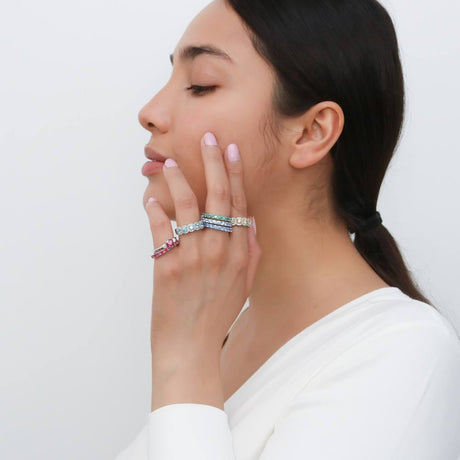 Model Wearing 5-Stone Ring, Eternity Ring, Ring