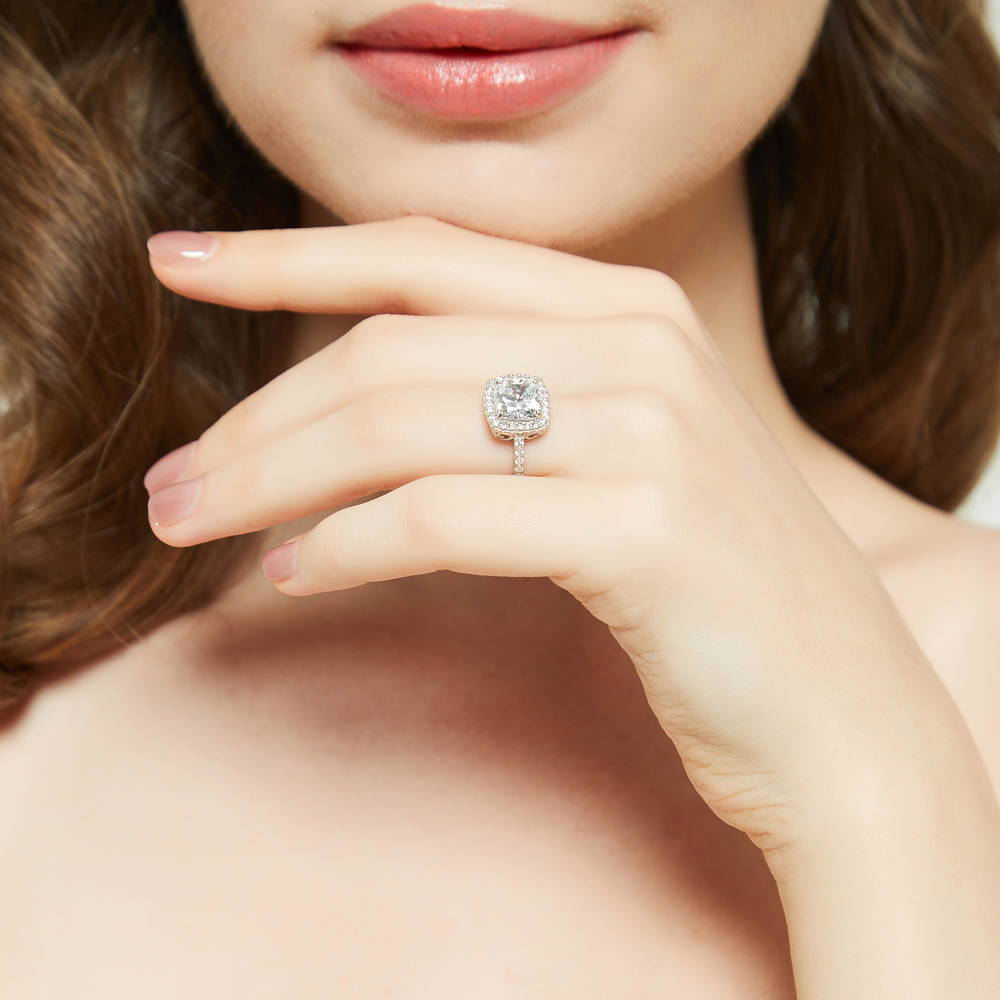 Model wearing Halo Cushion Cut CZ Ring in Sterling Silver, 7 of 10
