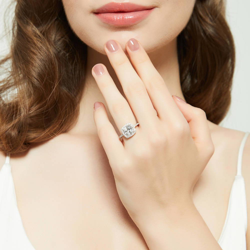Model wearing Halo Cushion Cut CZ Ring in Sterling Silver, 6 of 10