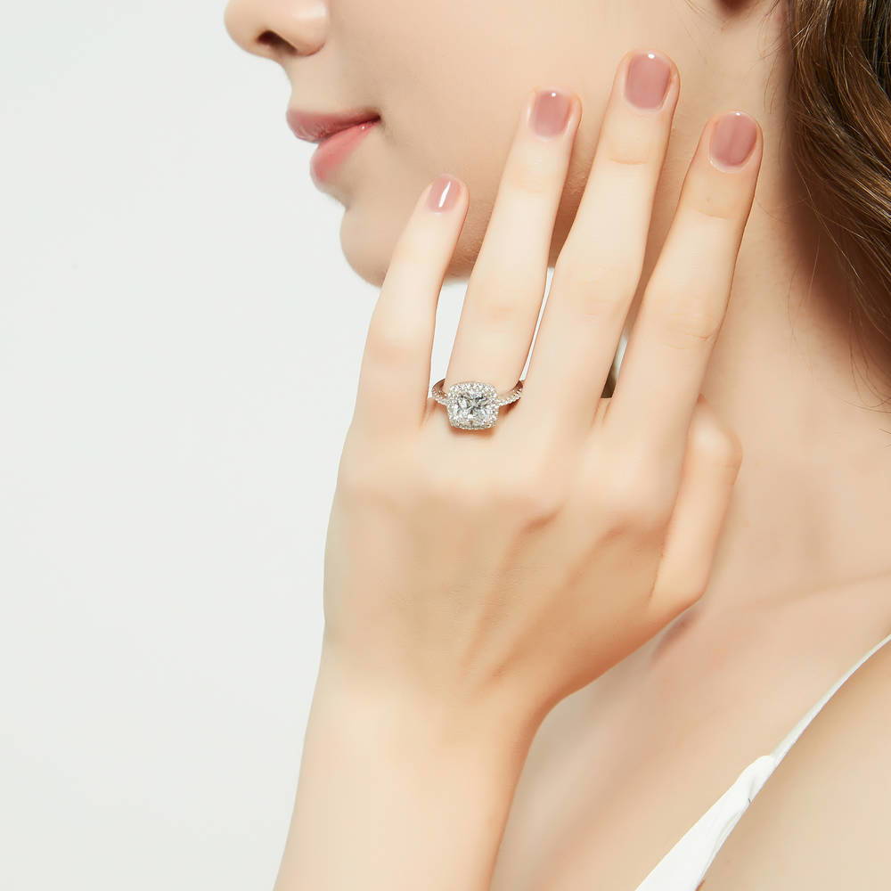 Model wearing Halo Cushion CZ Ring in Sterling Silver, 2 of 9