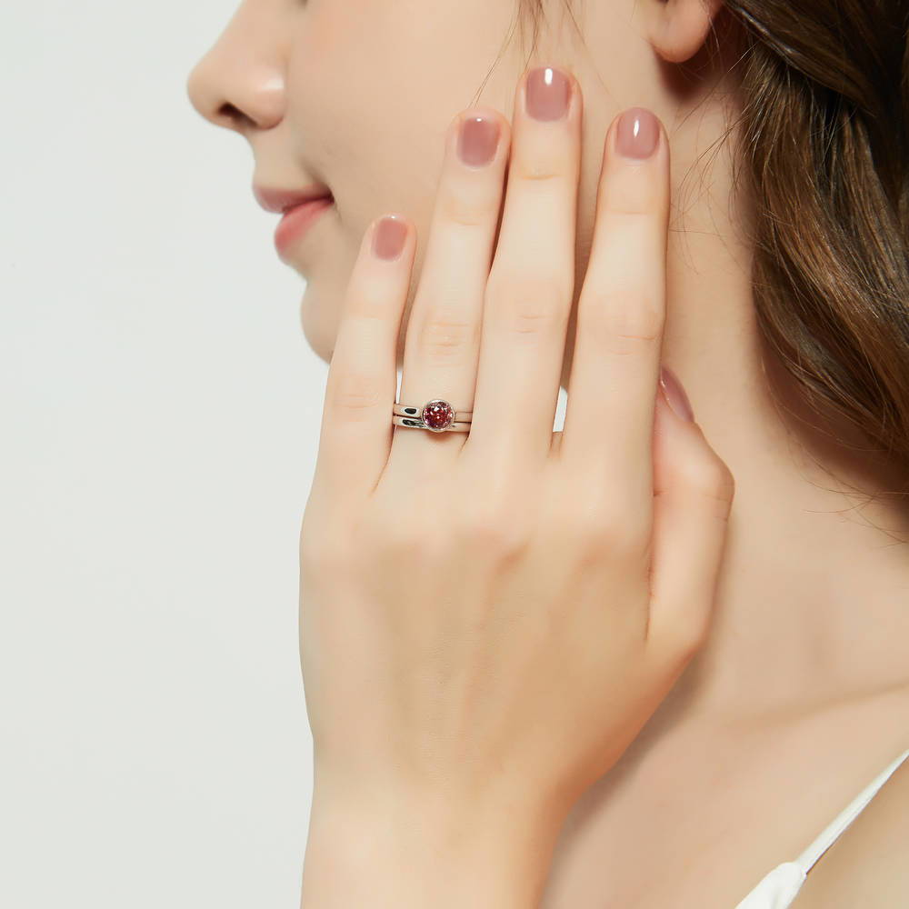 Model wearing Solitaire Kaleidoscope Red Orange CZ Ring Set in Sterling Silver, 6 of 15
