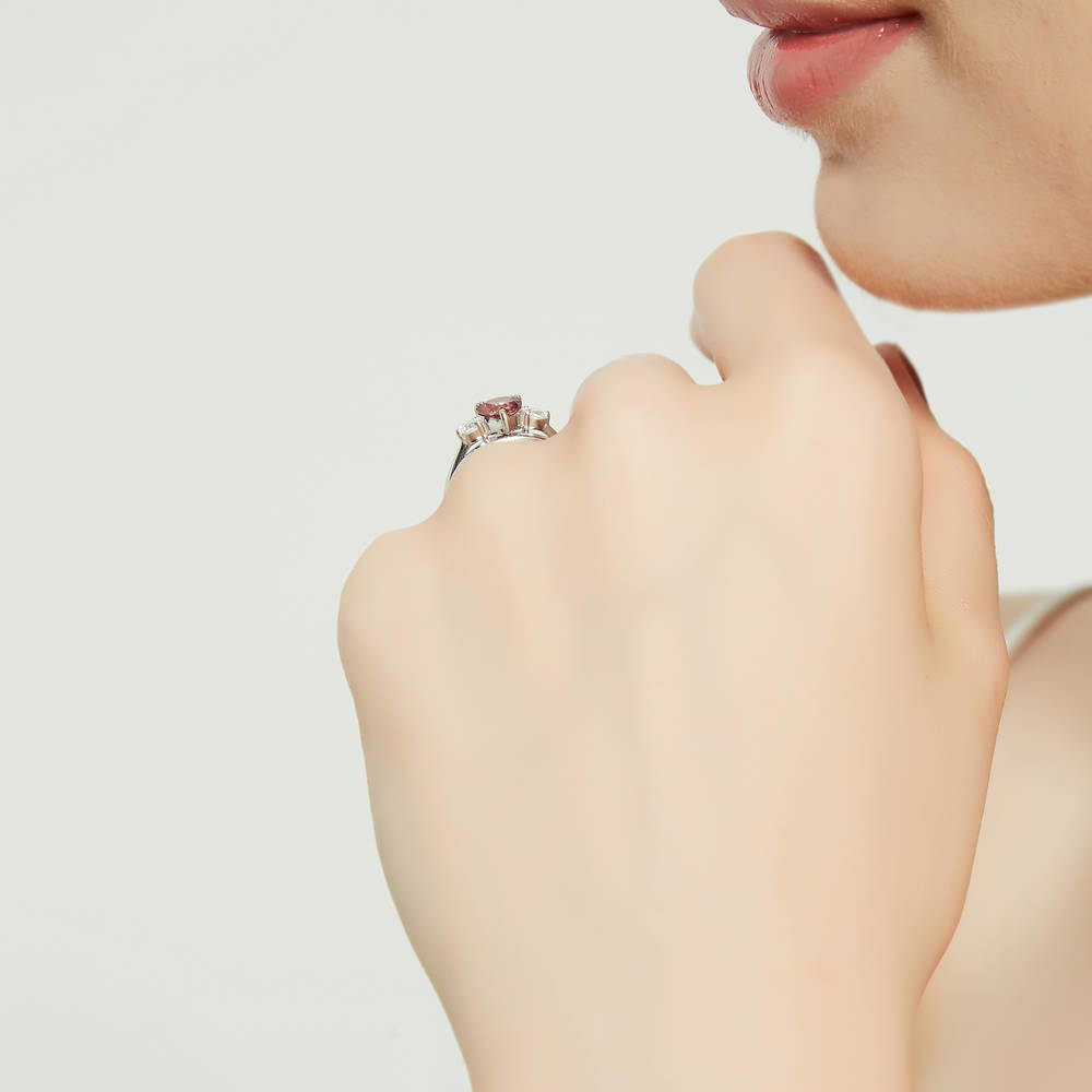 Model wearing 3-Stone Heart Red CZ Ring Set in Sterling Silver, 8 of 17