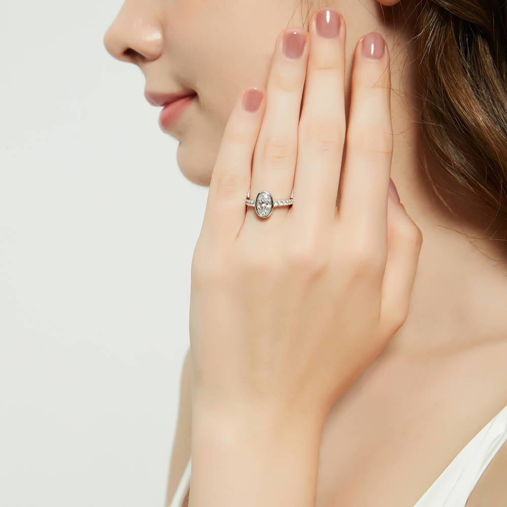 Solitaire 1.4ct Bezel Set Oval CZ Ring Set in Sterling Silver