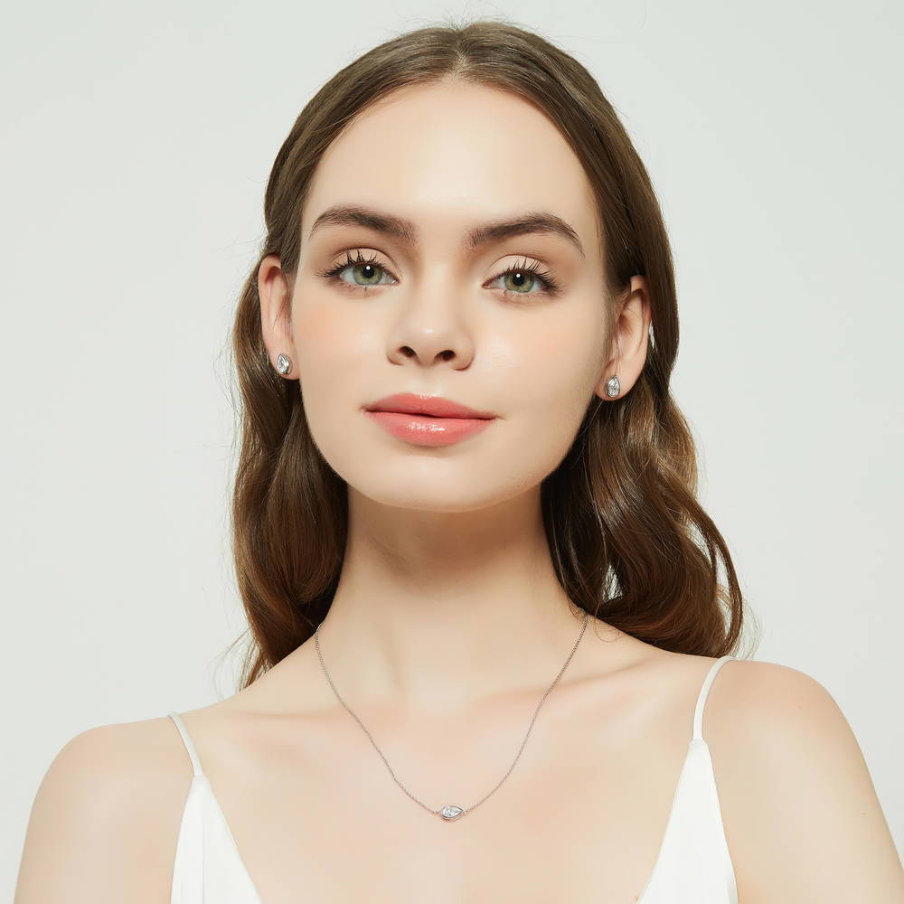 East-West Solitaire Bezel Set CZ Pendant Necklace in Sterling Silver