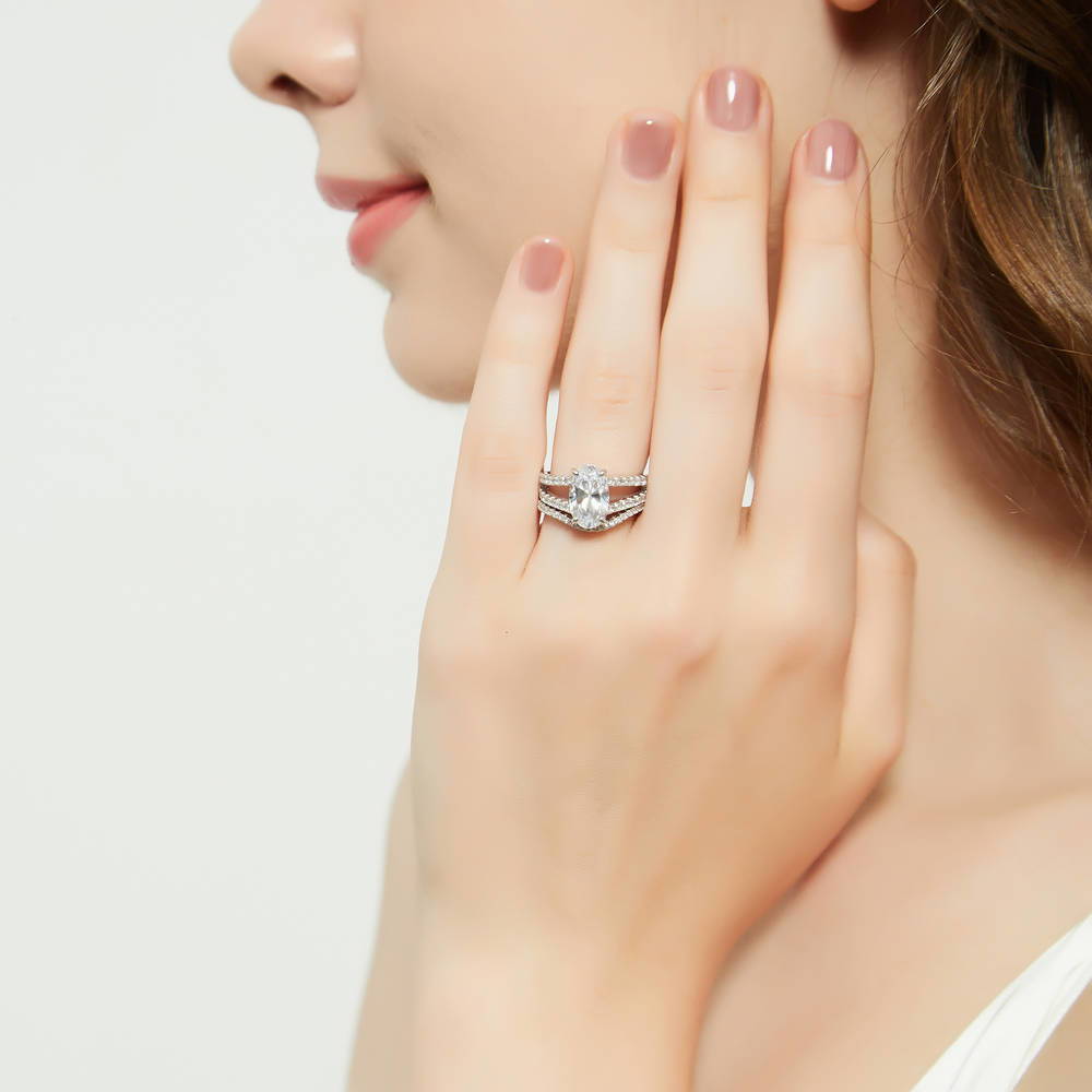 Model wearing Wishbone CZ Eternity Ring in Sterling Silver, 13 of 20