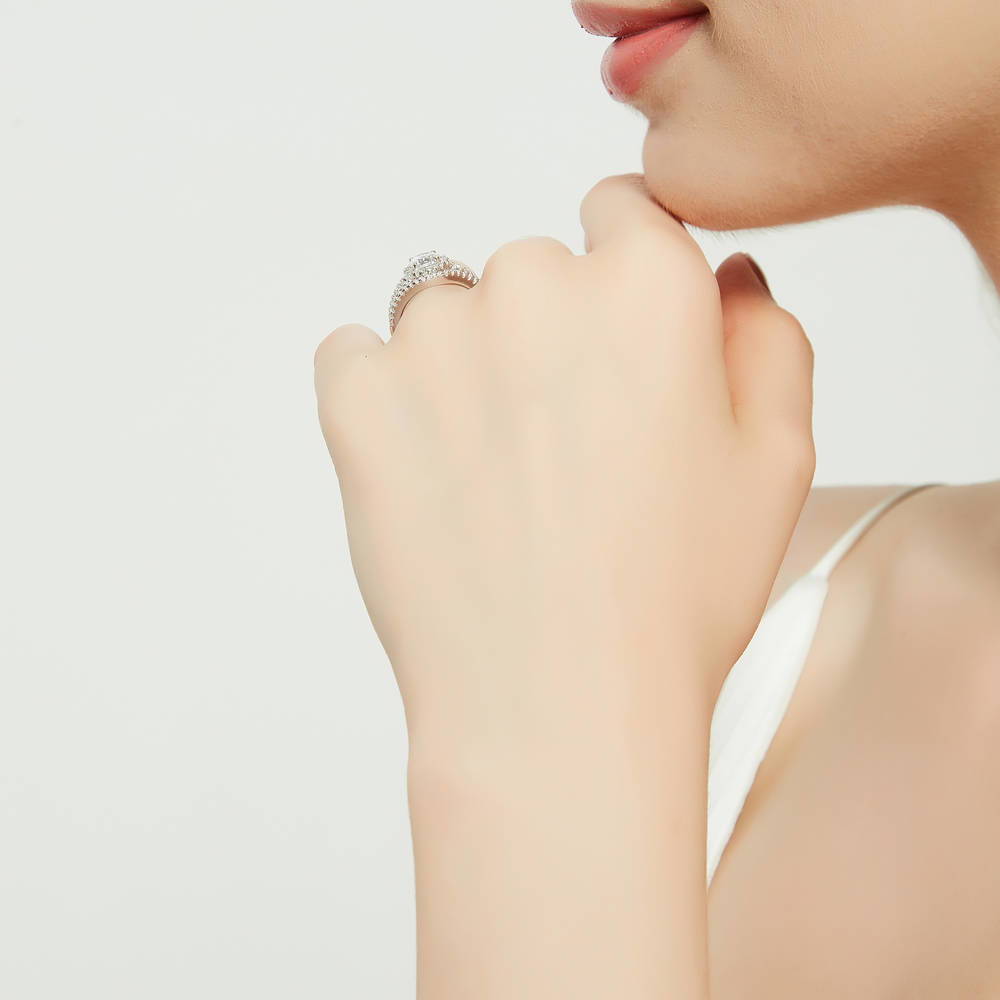 Model wearing Halo Wishbone CZ Split Shank Ring Set in Sterling Silver, 7 of 19