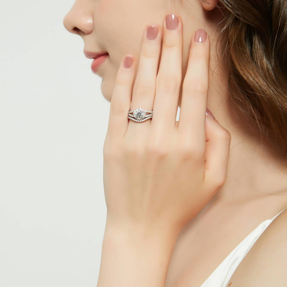 Model wearing Halo Wishbone CZ Split Shank Ring Set in Sterling Silver, 3 of 19