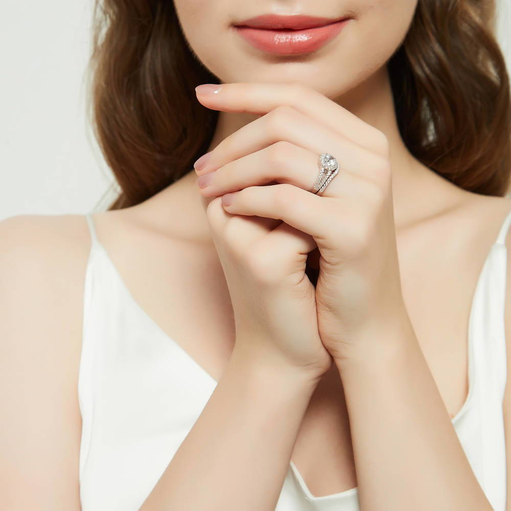 Model wearing Halo Round CZ Split Shank Ring Set in Sterling Silver, 6 of 19