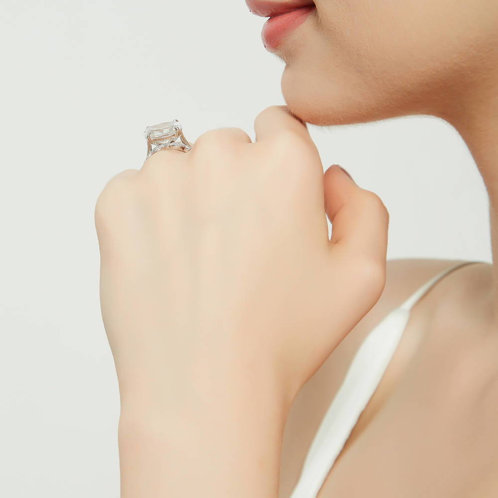 Model wearing East-West Solitaire CZ Ring Set in Sterling Silver, 8 of 18