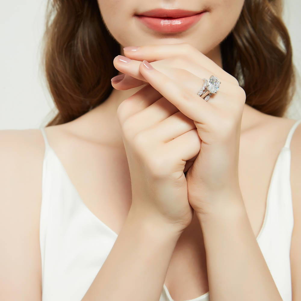Model wearing East-West Solitaire CZ Ring Set in Sterling Silver, 7 of 18