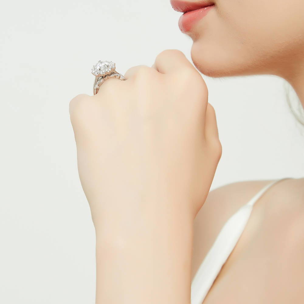Halo Milgrain Art Deco Pear CZ Ring Set in Sterling Silver