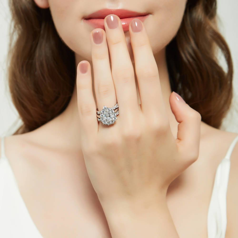 Model wearing Halo Milgrain Art Deco Pear CZ Ring Set in Sterling Silver, 2 of 20