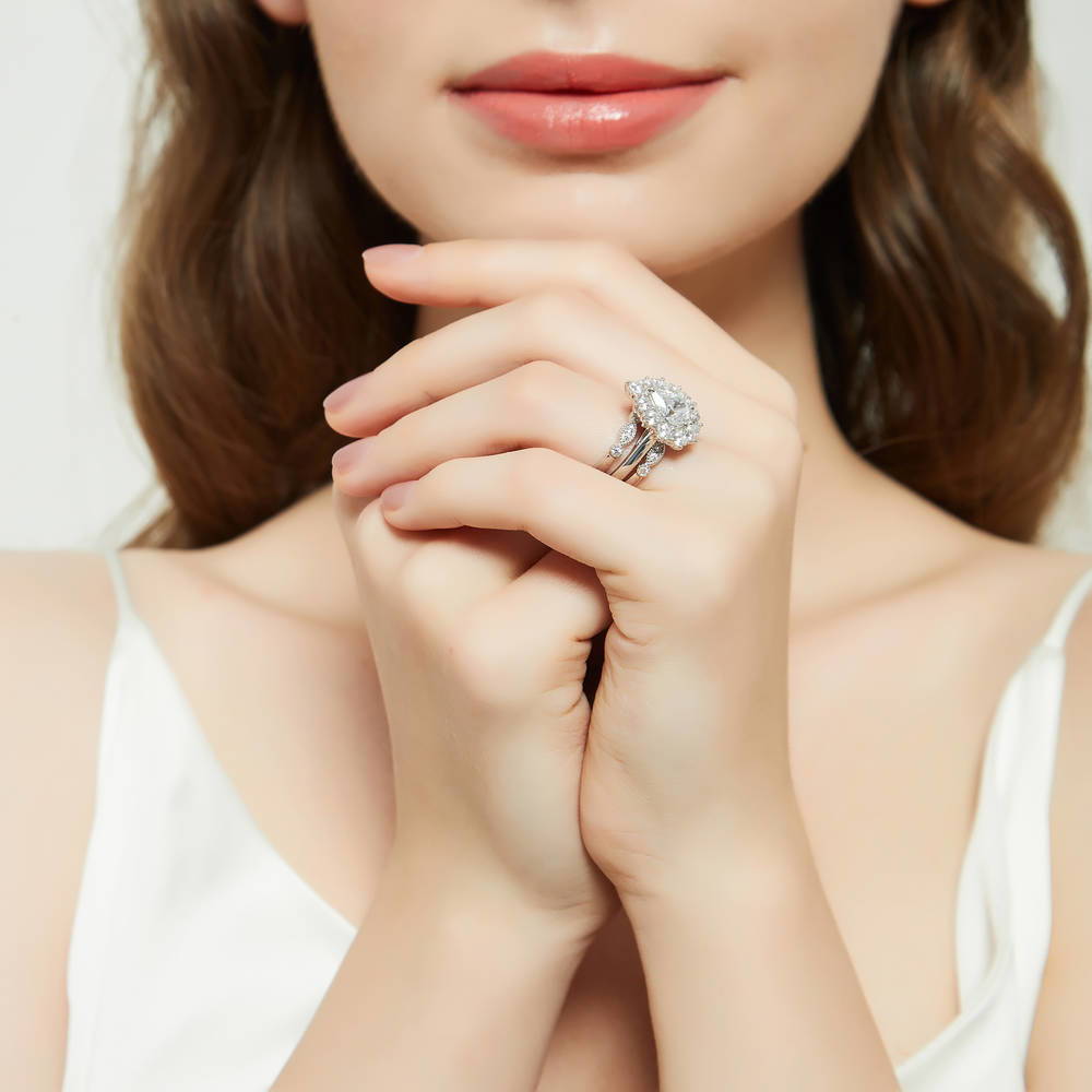 Model wearing Halo Milgrain Art Deco Pear CZ Ring Set in Sterling Silver, 9 of 20