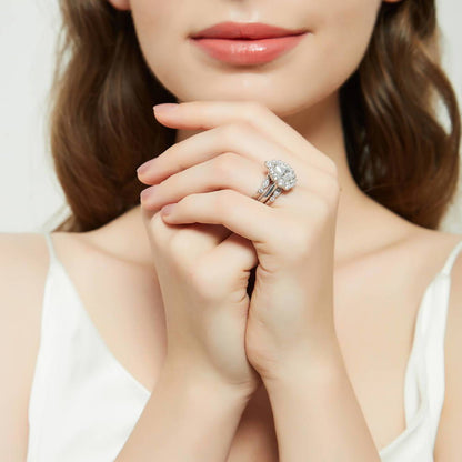 Halo Milgrain Art Deco Pear CZ Ring Set in Sterling Silver
