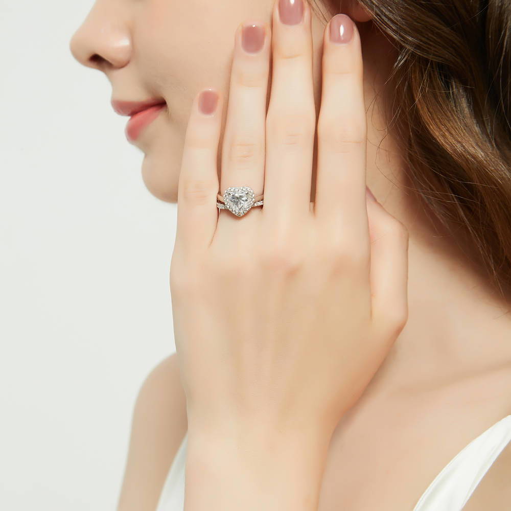 Model Wearing Half Eternity Ring Style R905-04, Halo Ring Style R1485-01