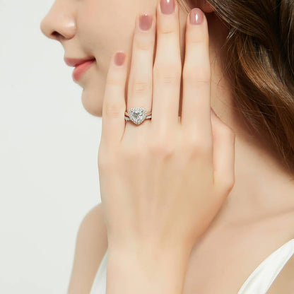 Model Wearing Half Eternity Ring Style R905-04, Halo Ring Style R1485-01