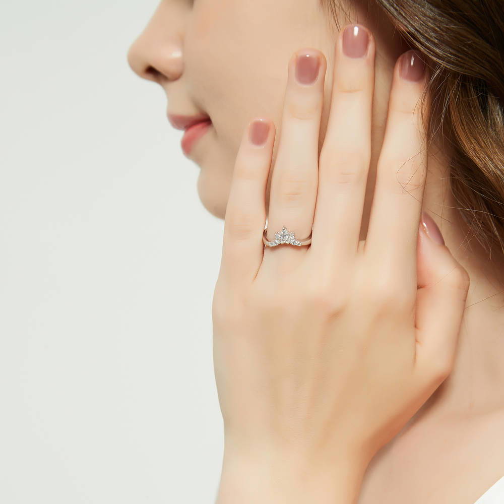 Model wearing 3-Stone 7-Stone Emerald Cut CZ Ring Set in Sterling Silver, 16 of 18