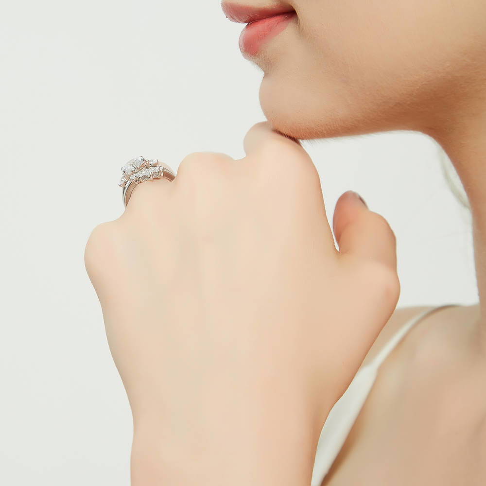 Model wearing 3-Stone Flower 7-Stone Wishbone CZ Ring Set in Sterling Silver, 10 of 20