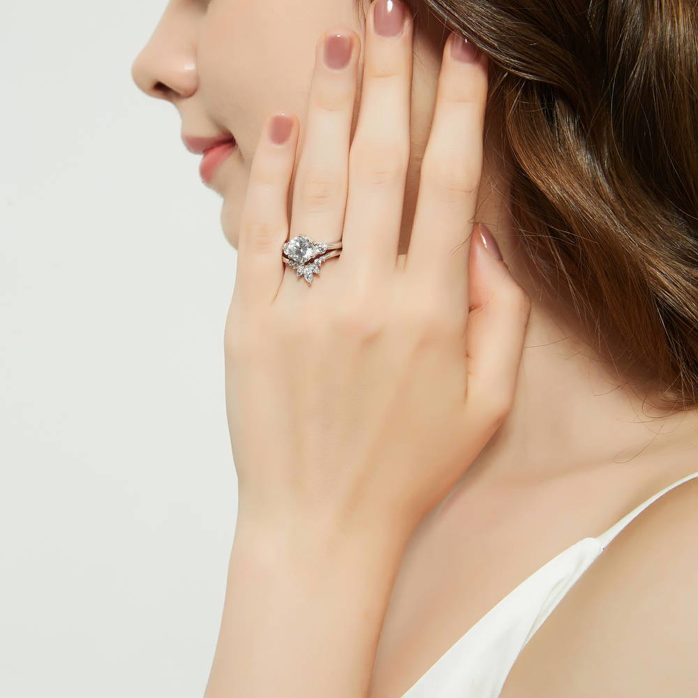Model wearing 3-Stone Flower 7-Stone Wishbone CZ Ring Set in Sterling Silver, 8 of 20