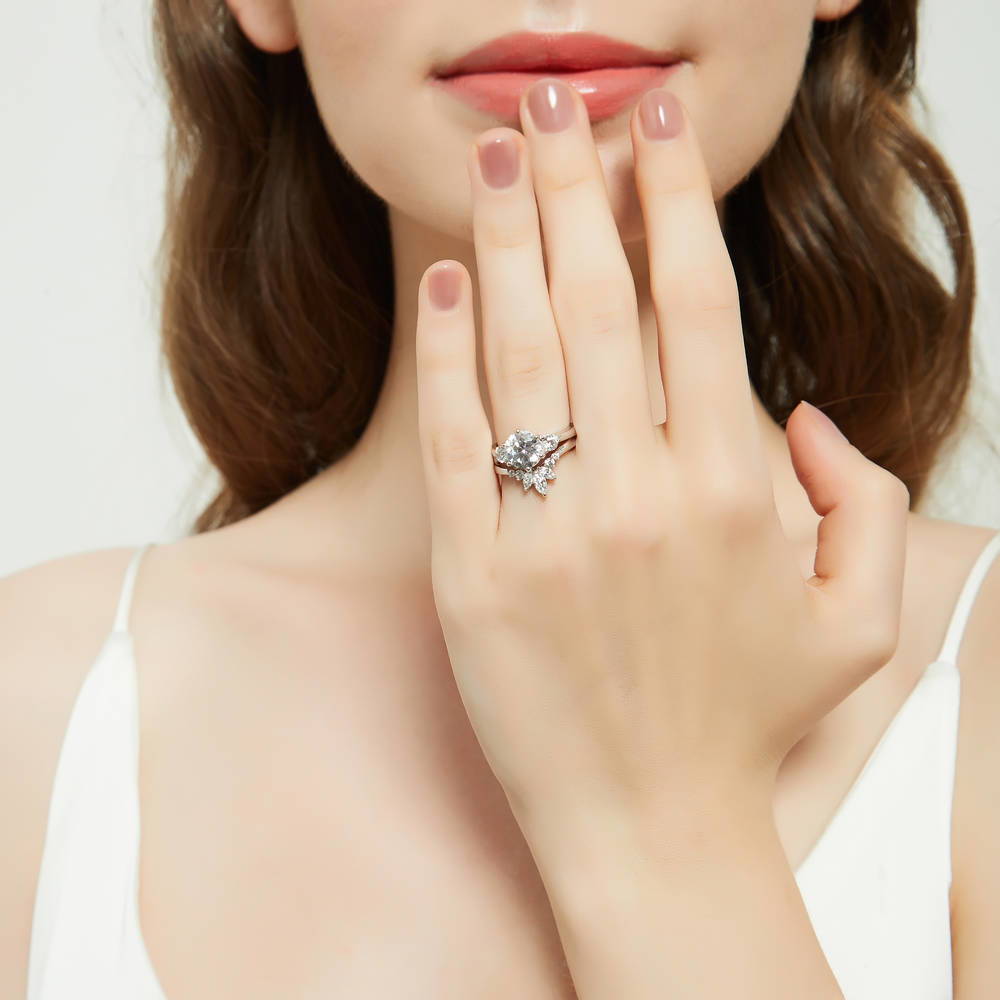 Model wearing 3-Stone Flower 7-Stone Wishbone CZ Ring Set in Sterling Silver, 6 of 20
