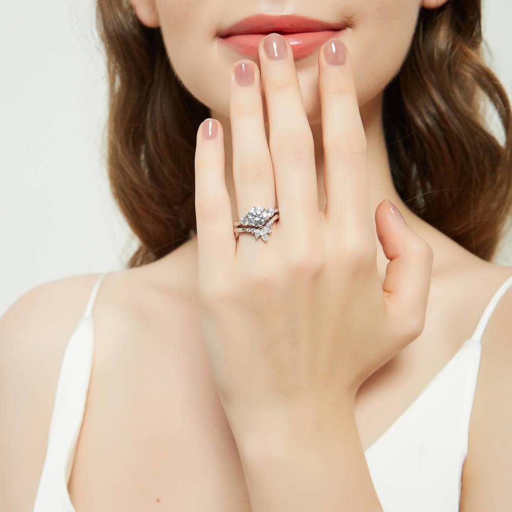 Model wearing 3-Stone 7-Stone Round CZ Ring Set in Sterling Silver, 2 of 19