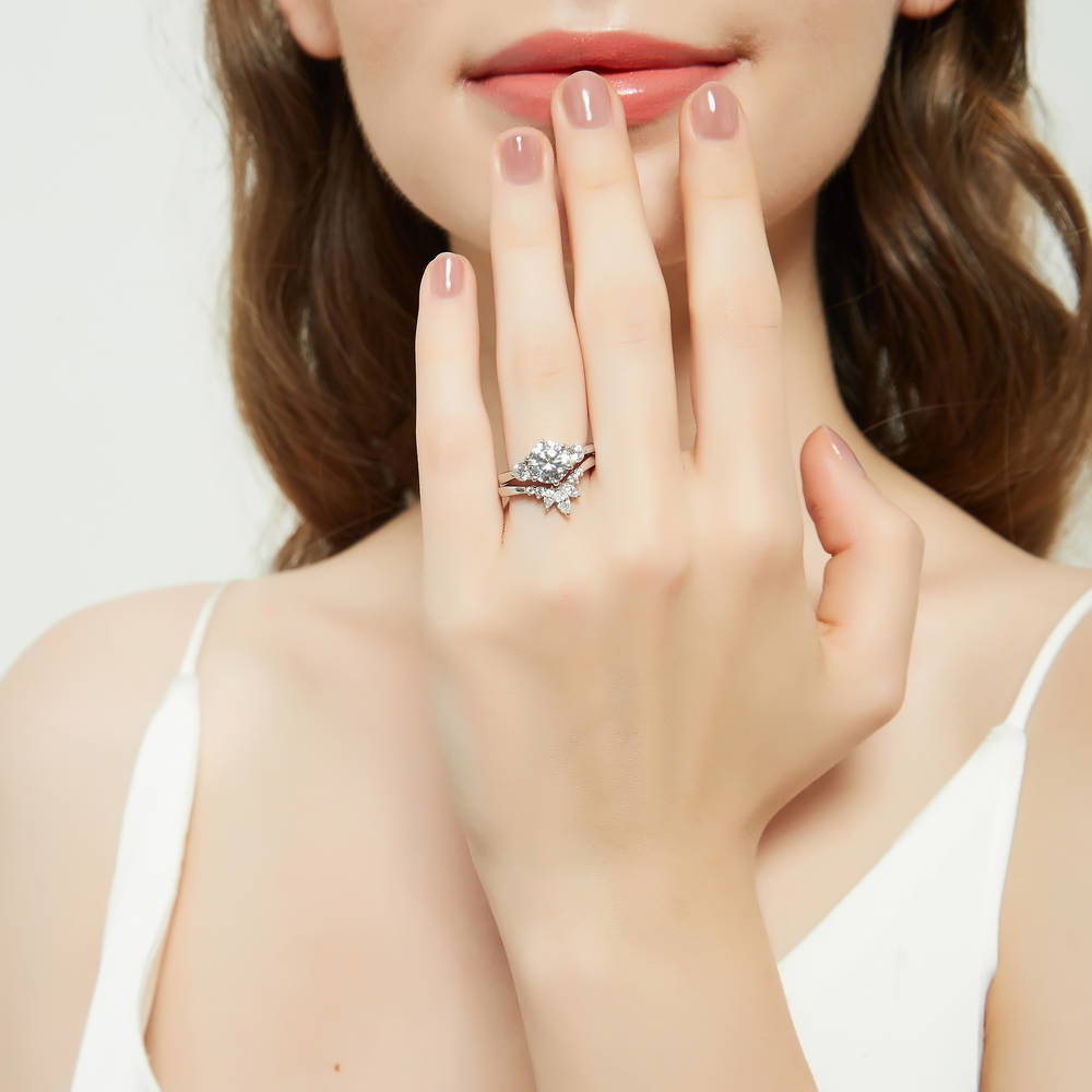 Model wearing 3-Stone Flower 7-Stone Wishbone CZ Ring Set in Sterling Silver, 2 of 20