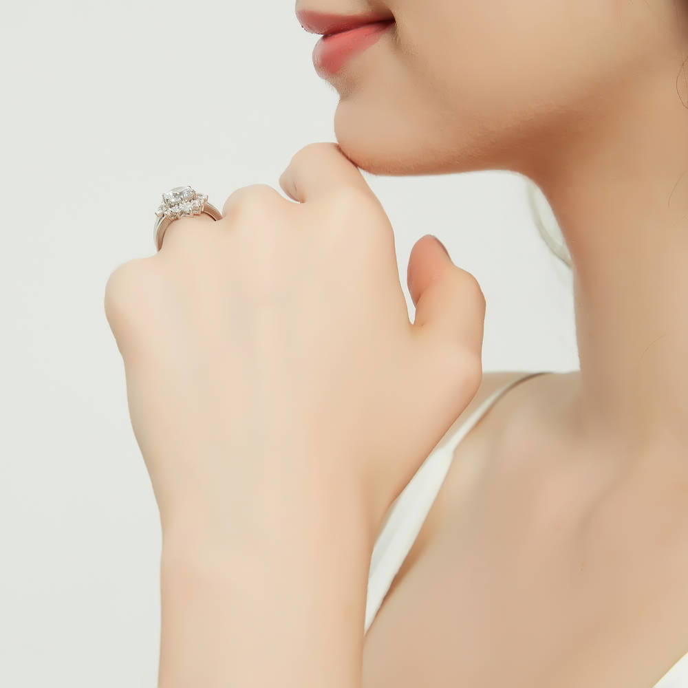 Model wearing 3-Stone Flower 7-Stone Wishbone CZ Ring Set in Sterling Silver, 10 of 20