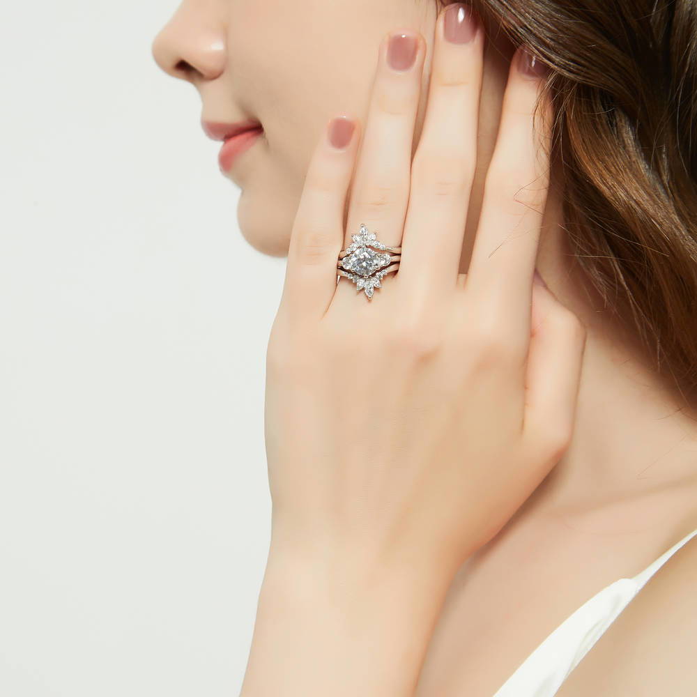 Model wearing 3-Stone Flower 7-Stone Wishbone CZ Ring Set in Sterling Silver, 6 of 20