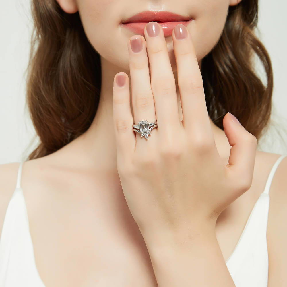 Model wearing 3-Stone Flower 7-Stone Wishbone CZ Ring Set in Sterling Silver, 2 of 20
