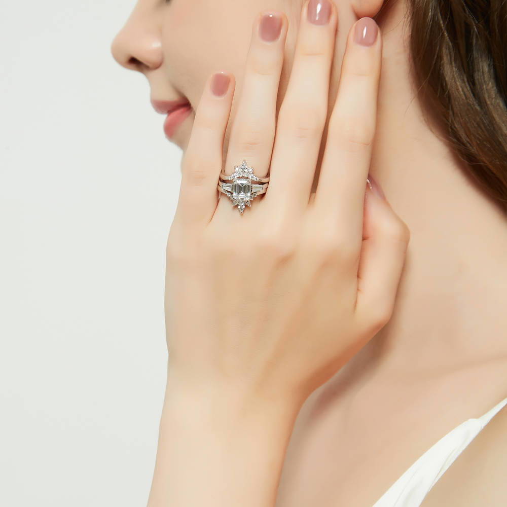 Model wearing 3-Stone Flower 7-Stone Wishbone CZ Ring Set in Sterling Silver, 6 of 20