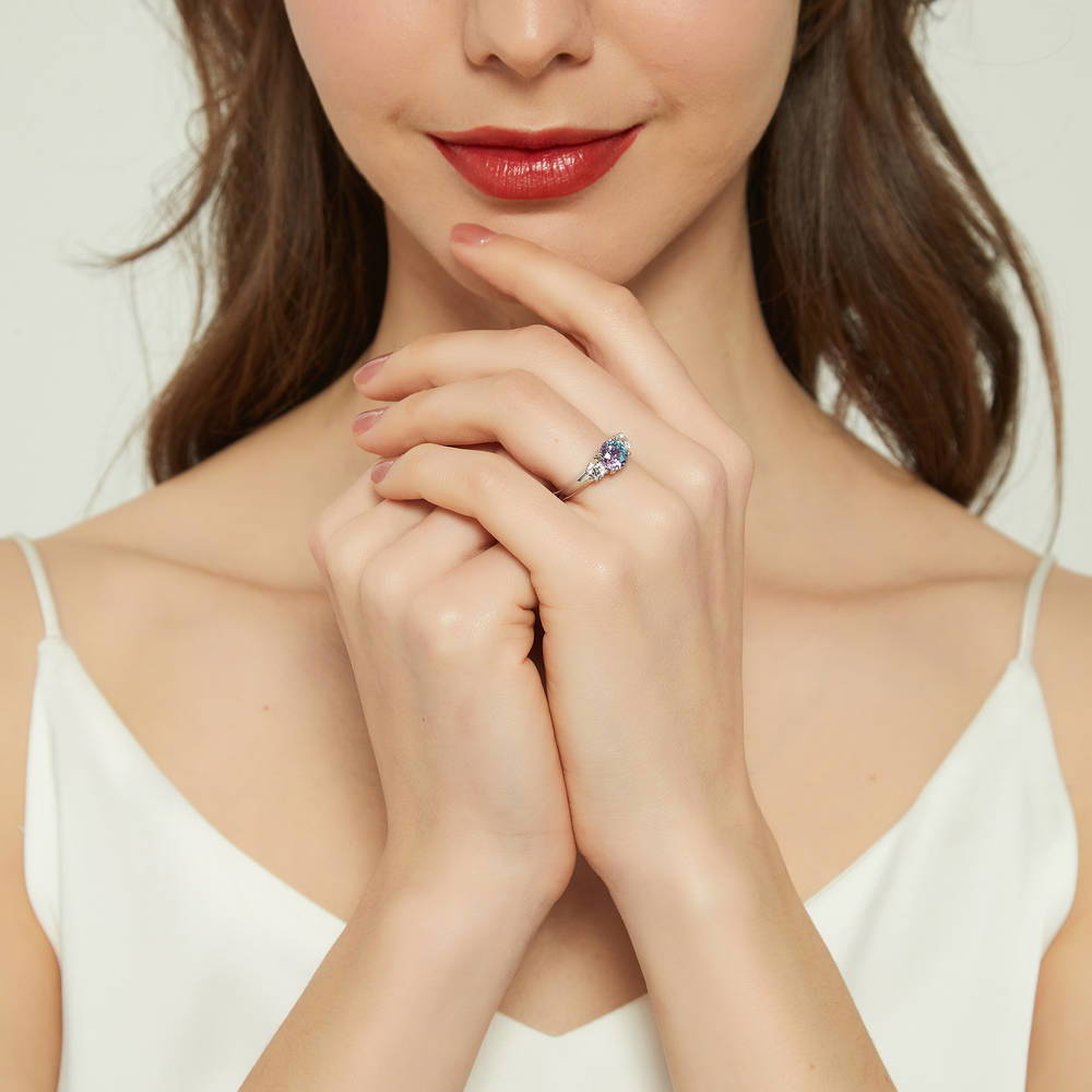 Model wearing 3-Stone Kaleidoscope Purple Aqua CZ Ring in Sterling Silver, 6 of 9