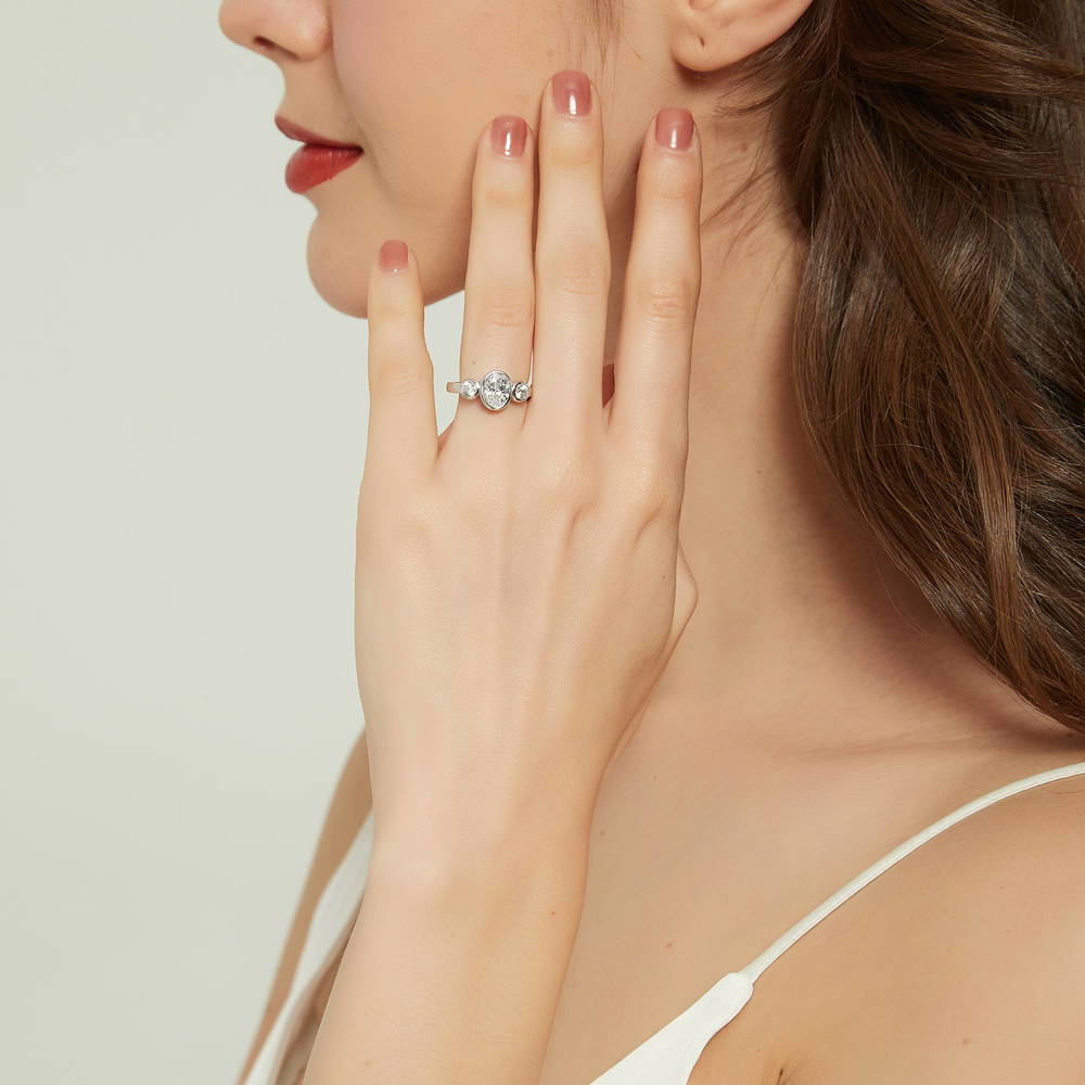 Model wearing 3-Stone 1.2ct Oval CZ Ring in Sterling Silver, 3 of 9