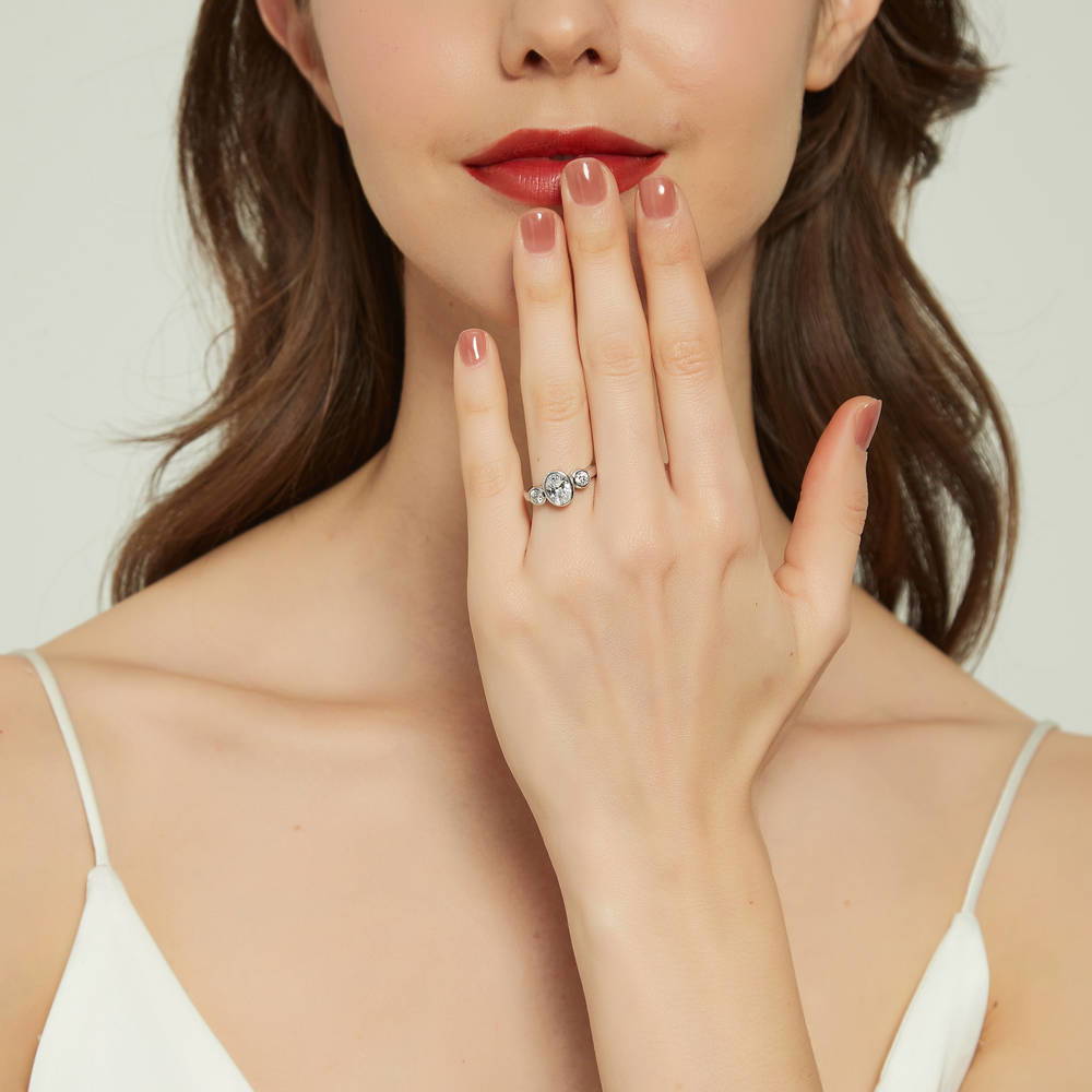 Model wearing 3-Stone 1.2ct Oval CZ Ring in Sterling Silver, 2 of 9