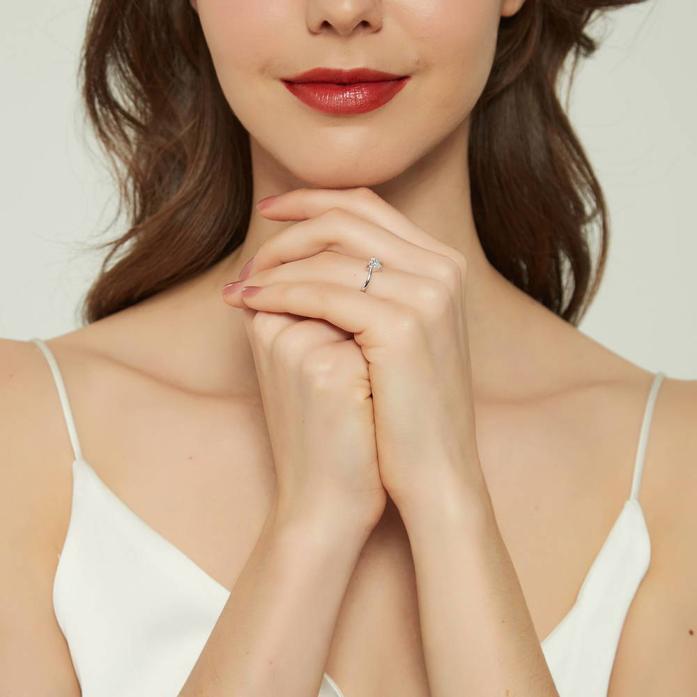 Model wearing Solitaire Heart 0.4ct Heart CZ Ring in Sterling Silver, 6 of 9