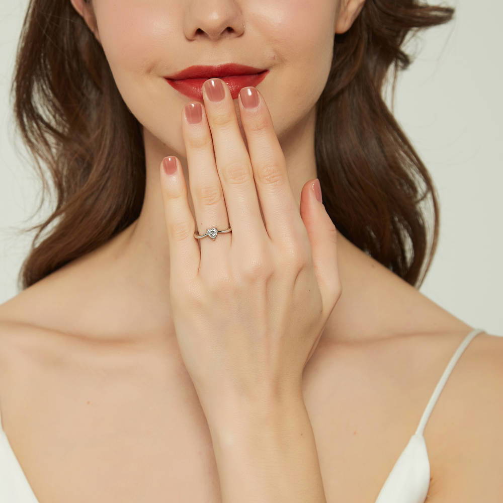 Model wearing Solitaire Heart 0.4ct CZ Ring in Sterling Silver, 2 of 9