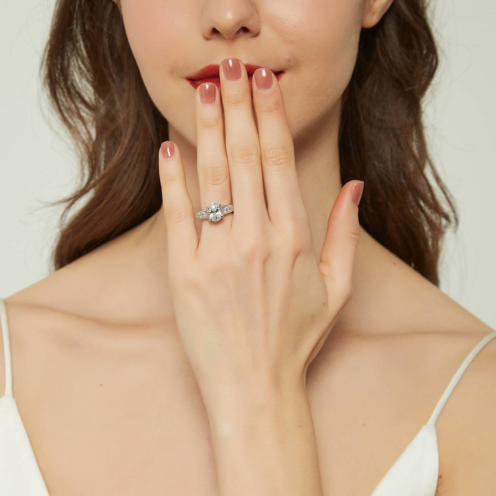 Model wearing Solitaire 2.5ct Oval CZ Ring in Sterling Silver, 2 of 9