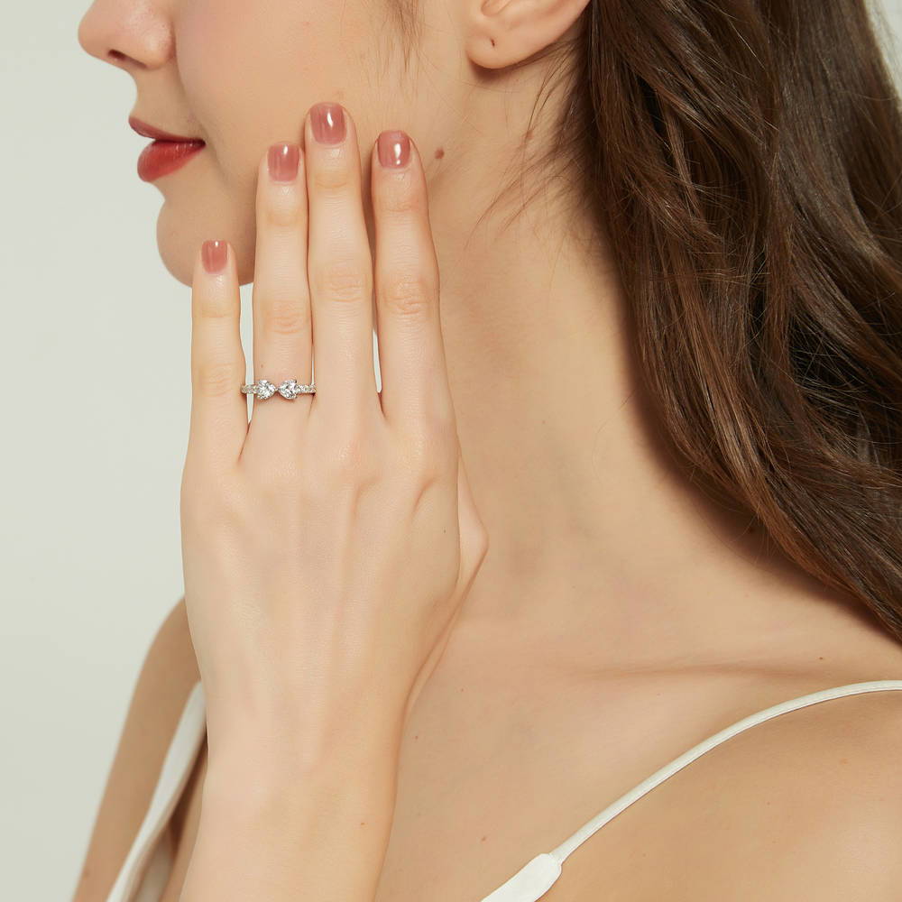 Model wearing Bow Tie Heart CZ Ring in Sterling Silver, 3 of 9