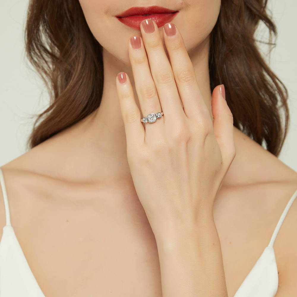 Model wearing 3-Stone 1.25ct Cushion CZ Ring in Sterling Silver, 2 of 9