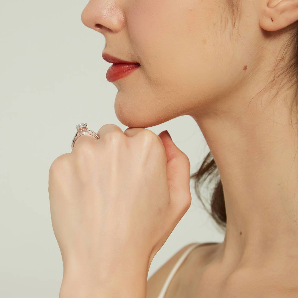 Model wearing 5-Stone Chevron CZ Ring Set in Sterling Silver, 16 of 20