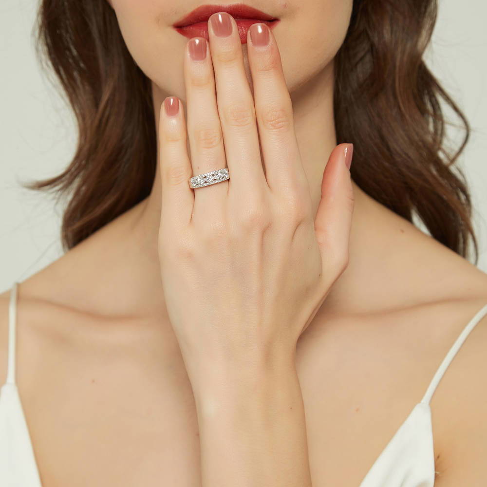 Model wearing 5-Stone CZ Half Eternity Ring in Sterling Silver