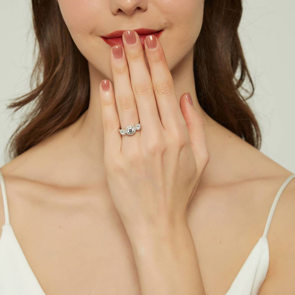 Model wearing 3-Stone 0.8ct CZ Ring in Sterling Silver, 2 of 9