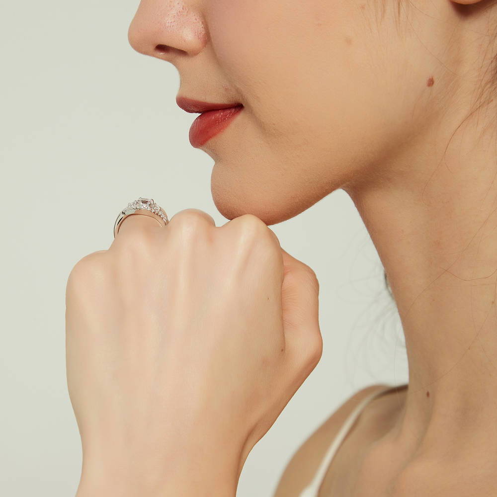 Model wearing 3-Stone Round CZ Ring in Sterling Silver, 9 of 10