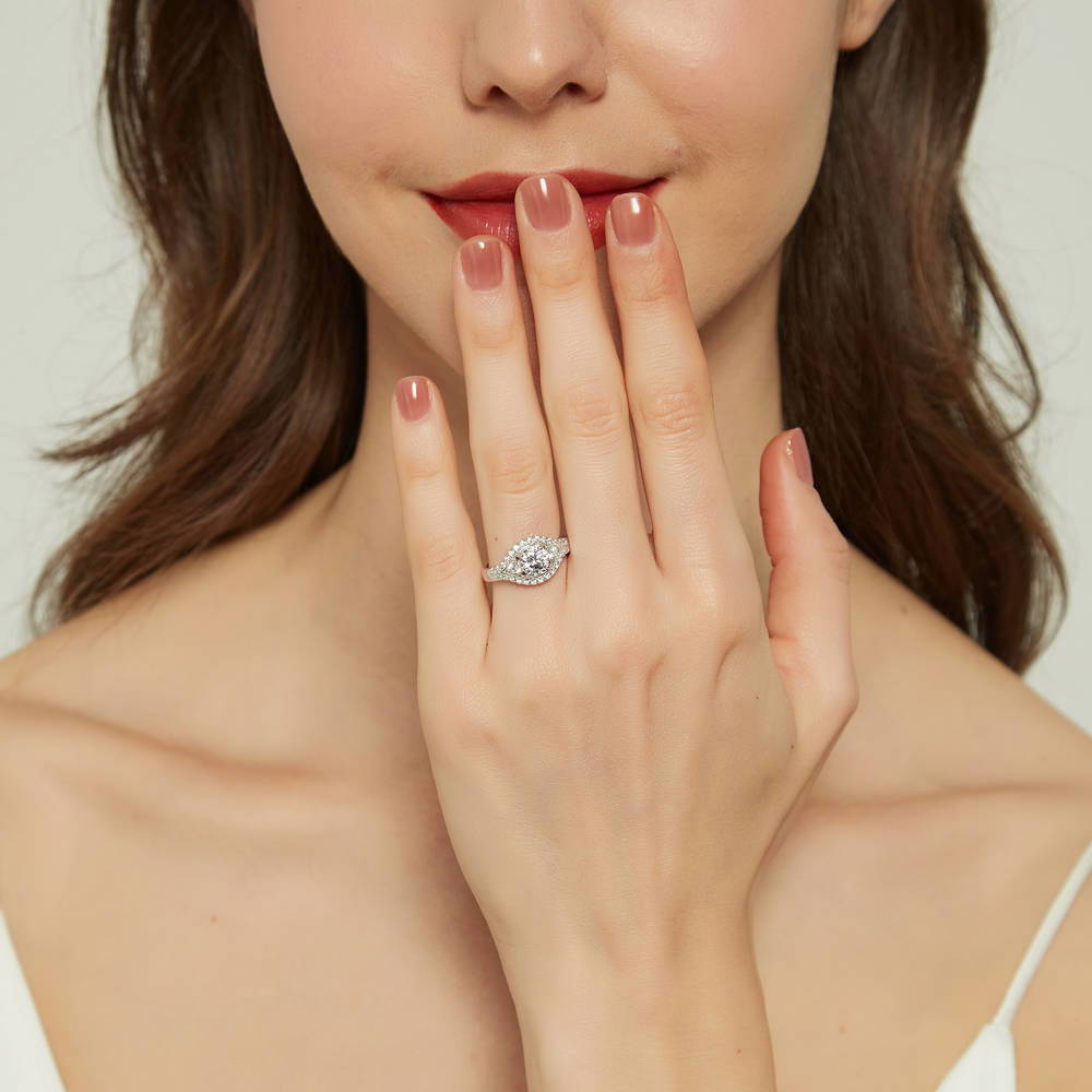 Model wearing 3-Stone 0.8ct CZ Ring in Sterling Silver, 2 of 10