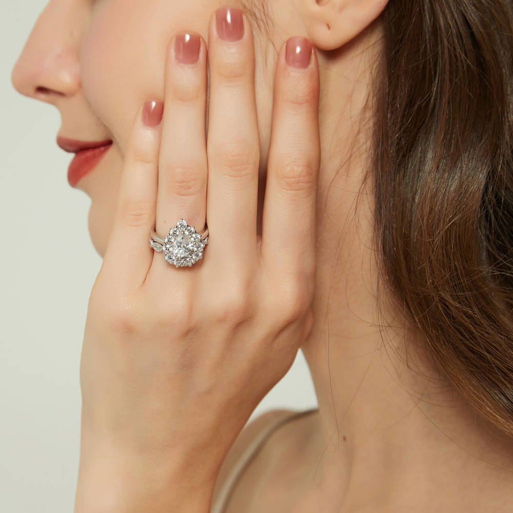 Model wearing Halo Milgrain Art Deco Pear CZ Ring Set in Sterling Silver, 2 of 20
