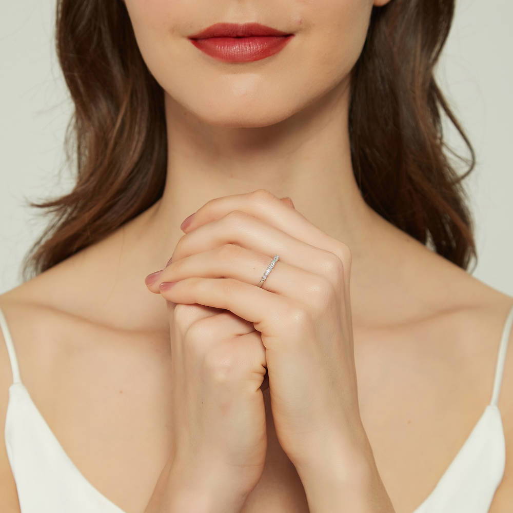 Model wearing Art Deco CZ Eternity Ring in Sterling Silver, 7 of 13