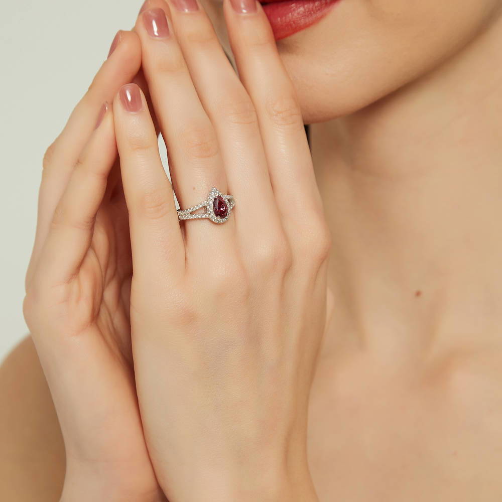Model wearing Halo Red Pear CZ Split Shank Ring in Sterling Silver, 3 of 10