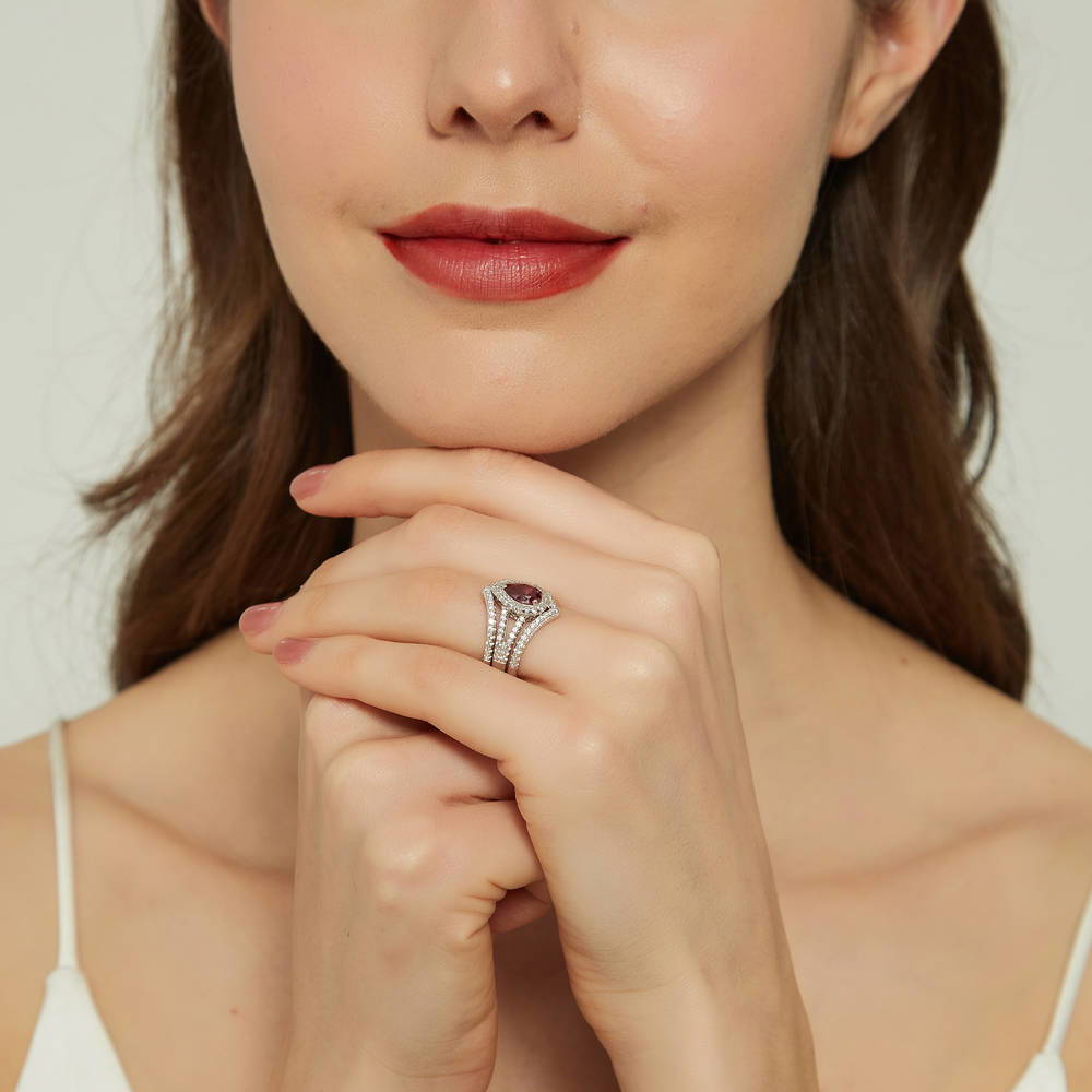 Model wearing Halo Wishbone Red Pear CZ Split Shank Ring Set in Sterling Silver, 6 of 16