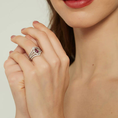Halo Wishbone Red Pear CZ Split Shank Ring Set in Sterling Silver