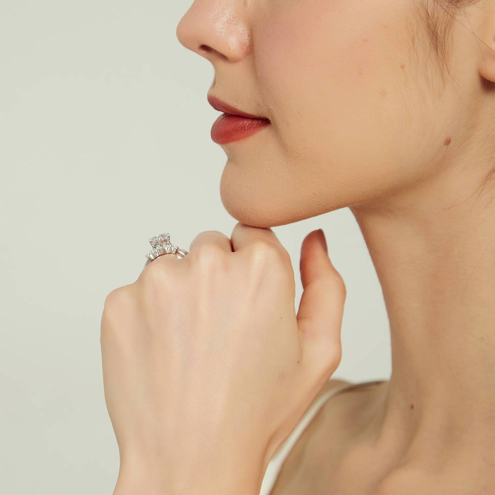 Model wearing 5-Stone Solitaire CZ Ring Set in Sterling Silver, 8 of 19